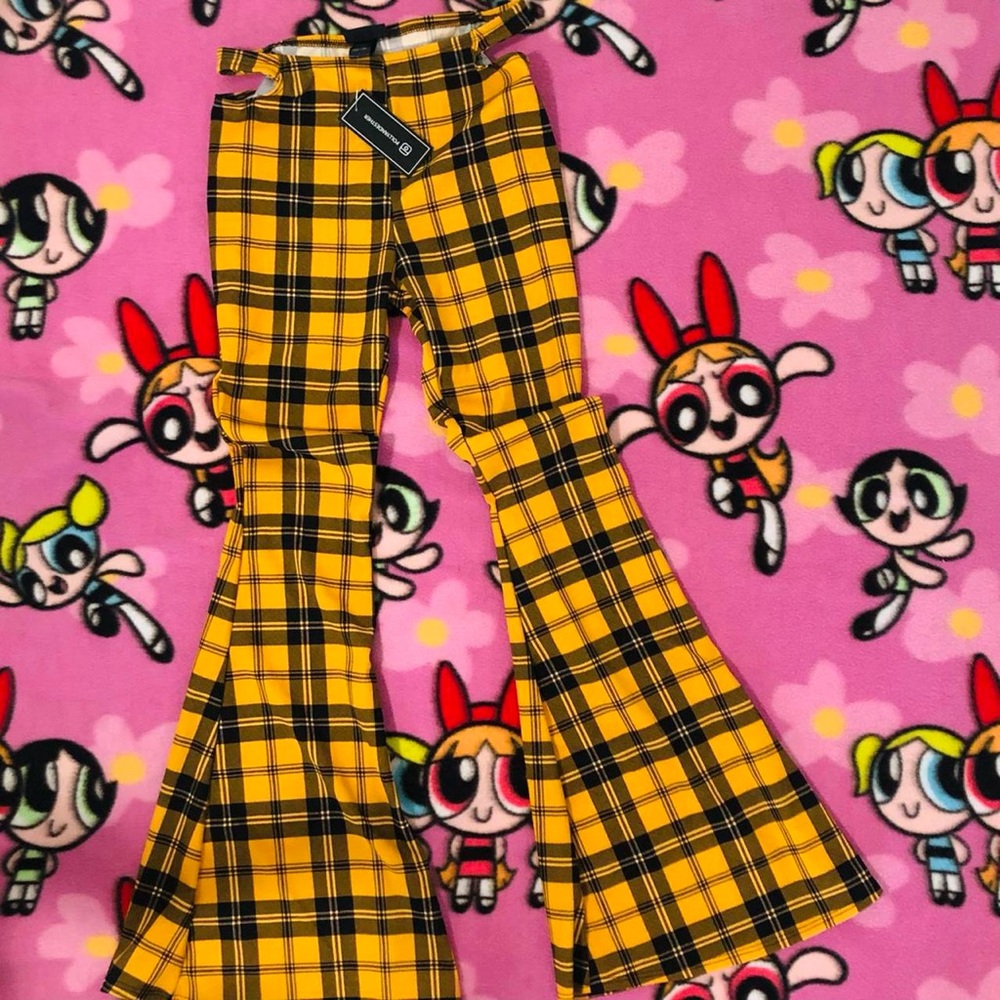 Yellow plaid cut out flare pants